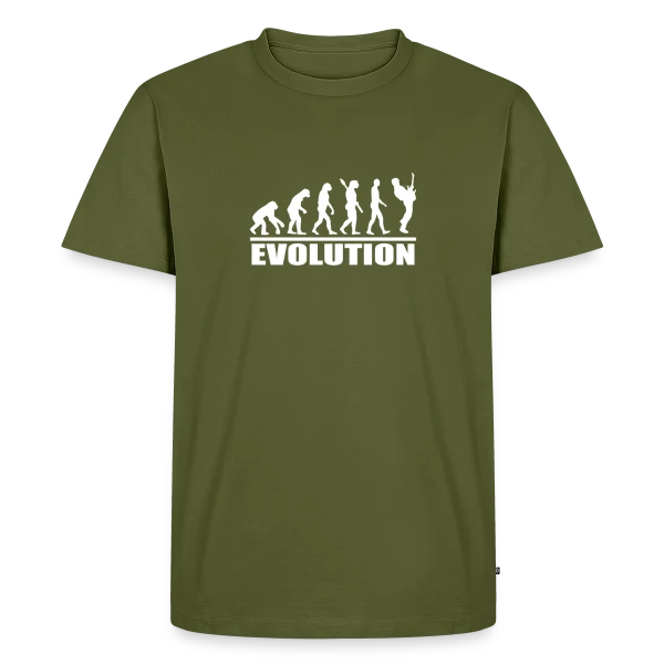 Maquette de T-shirt Premium bio Homme « Guitare Évolution : La Vraie Histoire de l'Humanité » à personnaliser