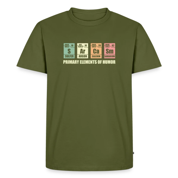 Maquette de T-shirt Premium bio Homme « Éléments Chimiques du Sarcasme » à personnaliser