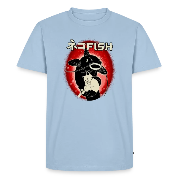 Maquette de T-shirt Premium bio Homme « Amitié Insolite : Chat & Poisson-Chat » à personnaliser