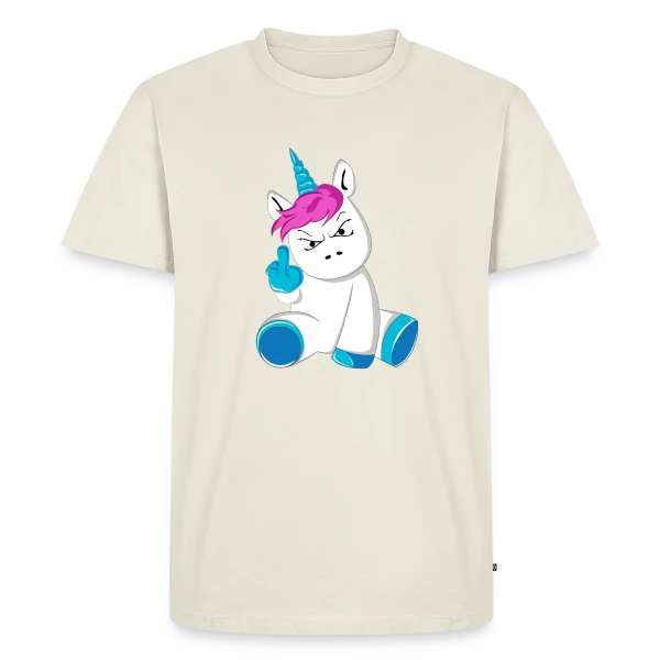 Maquette de T-shirt Premium bio Homme « Licorne Furieuse Doigt d'Honneur » à personnaliser