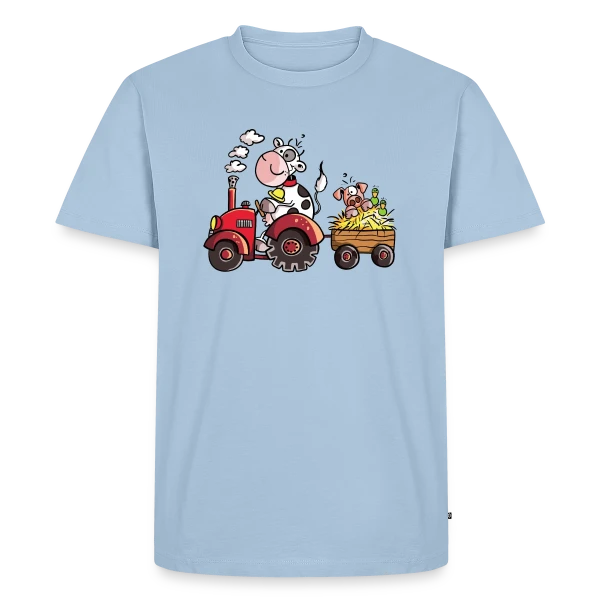 Maquette de T-shirt Premium bio Homme « La Vache au Volant, le Cochon à Bord - T-shirt Agricole Fun » à personnaliser