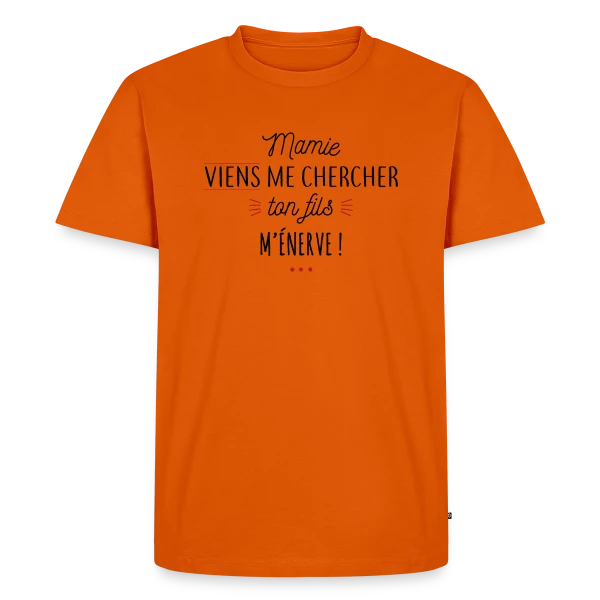 Maquette de T-shirt Premium bio Homme « Humour : Mamie, Ton Fils M'Énerve ! » à personnaliser