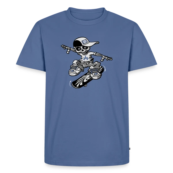 Maquette de T-shirt Premium bio Homme « Squelette Skateur : Le Rider de l'Au-delà » à personnaliser