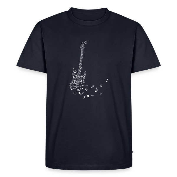 Maquette de T-shirt Homme Bio « Guitare et Notes Volantes : La Musique en Liberté » à personnaliser