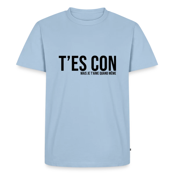 Maquette de T-shirt Premium bio Homme « T'es Con Mais Je T'aime » à personnaliser