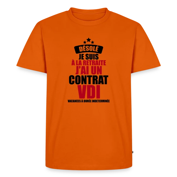 Maquette de T-shirt Premium bio Homme « Retraite : Contrat VDI (Vacances Durée Indéterminée) » à personnaliser