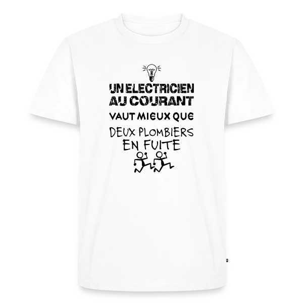 Maquette de T-shirt Premium bio Homme « Électricien au Courant | T-Shirt Humour Pro du Câble » à personnaliser