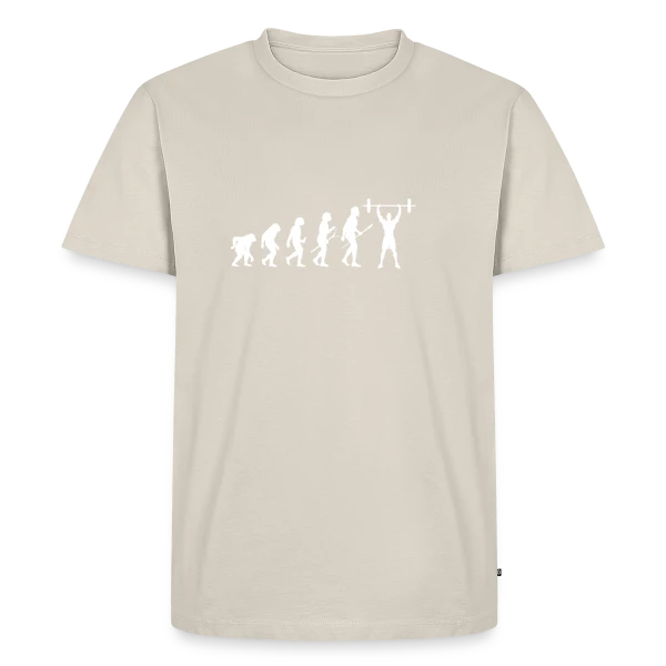 Maquette de T-shirt Premium bio Homme « Humour Musculation: L'Évolution du Sportif » à personnaliser