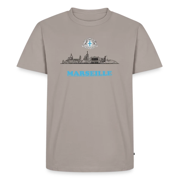 Maquette de T-shirt Premium bio Homme « Blason et Skyline Marseille » à personnaliser