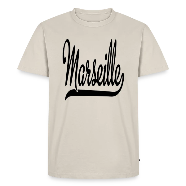 Maquette de T-shirt Premium bio Homme « Marseille Calligraphie Élégante » à personnaliser
