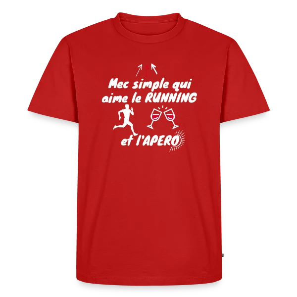 Maquette de T-shirt Premium bio Homme « Mec Simple Aime Running et Apéro - Cadeau Runner Humour » à personnaliser