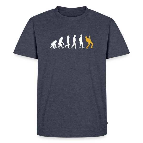 Maquette de T-shirt Premium bio Homme « Évolution du Guitariste : De l'Homme à la Guitare » à personnaliser