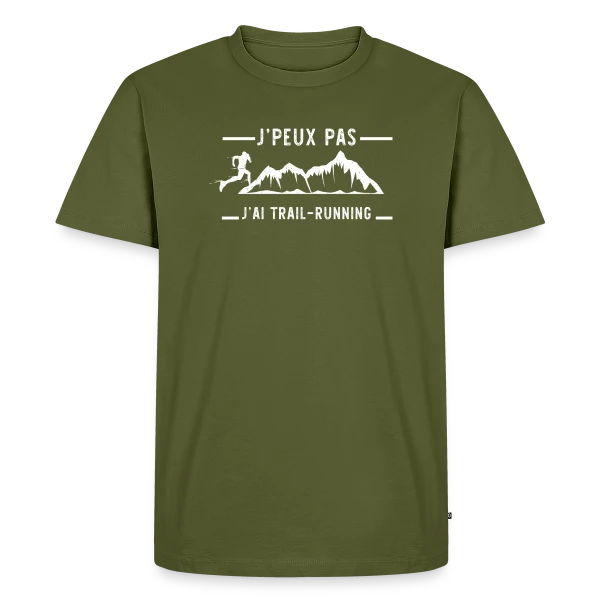 Maquette de T-shirt Premium bio Homme « J'peux pas, j'ai Trail Running ! » à personnaliser