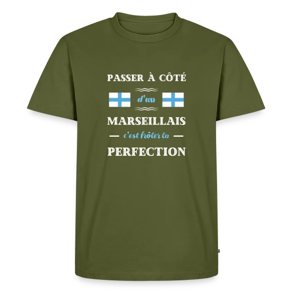 Maquette de T-shirt Premium bio Homme « Humour Marseillais Perfection » à personnaliser