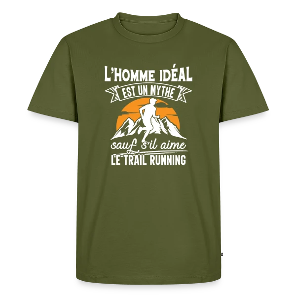 Maquette de T-shirt Premium bio Homme « L'Homme Idéal Aime le Trail Running : Un Mythe Réel ! » à personnaliser