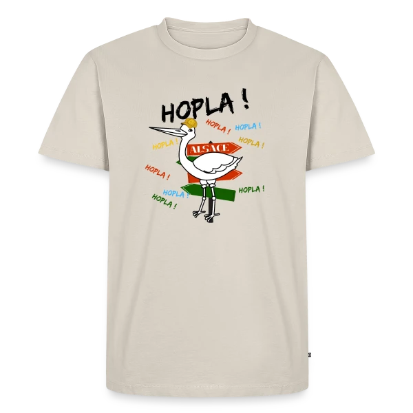 Maquette de T-shirt Premium bio Homme « Cigogne Hopla Alsace » à personnaliser