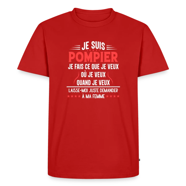 Maquette de T-shirt Premium bio Homme « Pompier en Couple - Laissez-moi Demander à Ma Femme ! Humour » à personnaliser