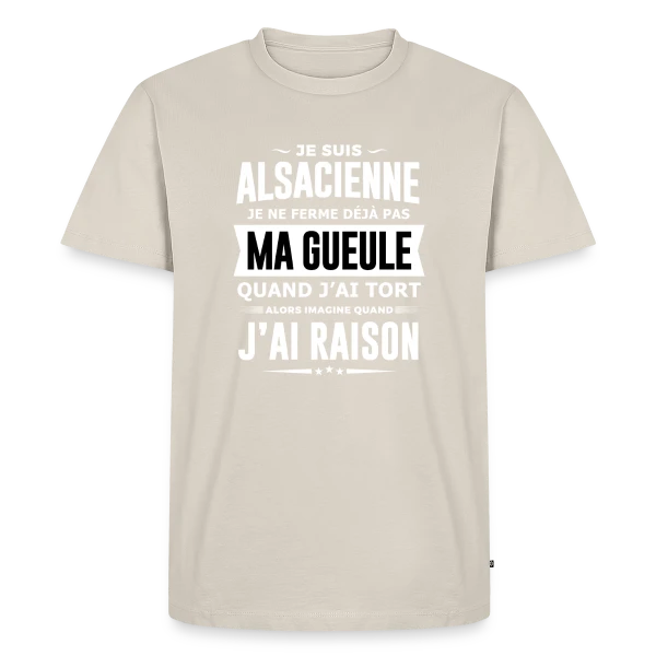 Maquette de T-shirt Premium bio Homme « Alsacienne Je Ferme Pas Ma Gueule » à personnaliser