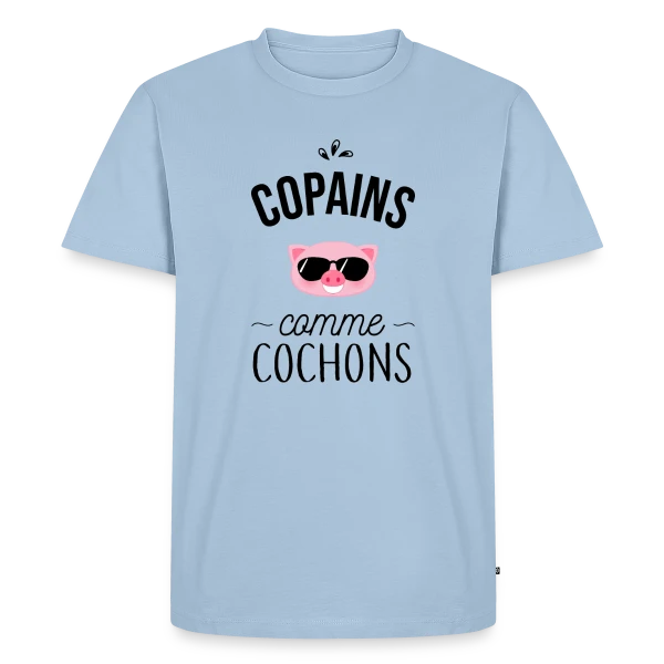 Maquette de T-shirt Premium bio Homme « Copains comme Cochons - Duo d'Amis » à personnaliser