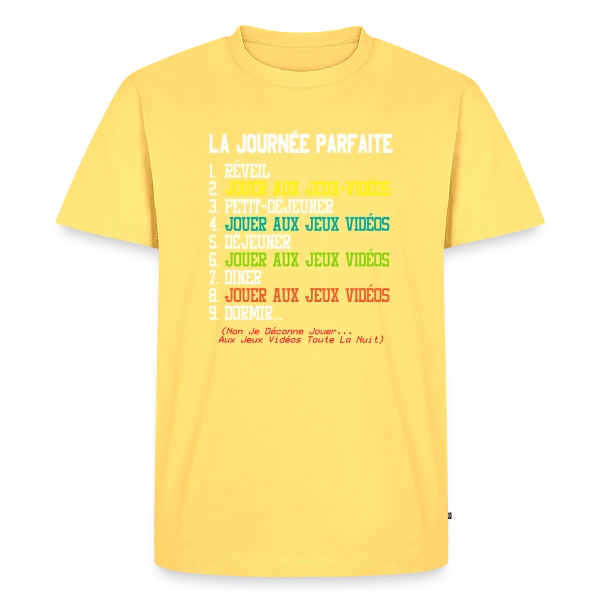Maquette de T-shirt Premium bio Homme « 'La Journée Parfaite du Gamer' - Humour Geek » à personnaliser