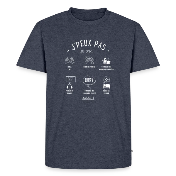 Maquette de T-shirt Premium bio Homme « Humour Geek: 'J'peux pas, j'dois gamer' » à personnaliser