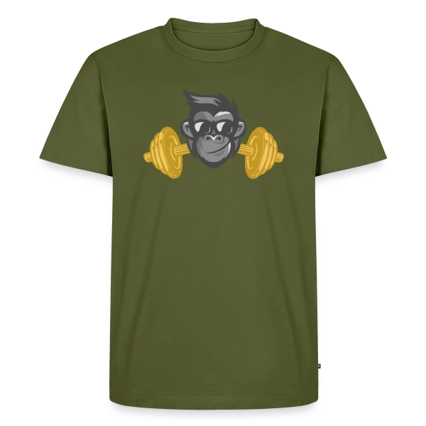 Maquette de T-shirt Premium bio Homme « Le Singe Musclé : Gainz et Squats à la Salle » à personnaliser