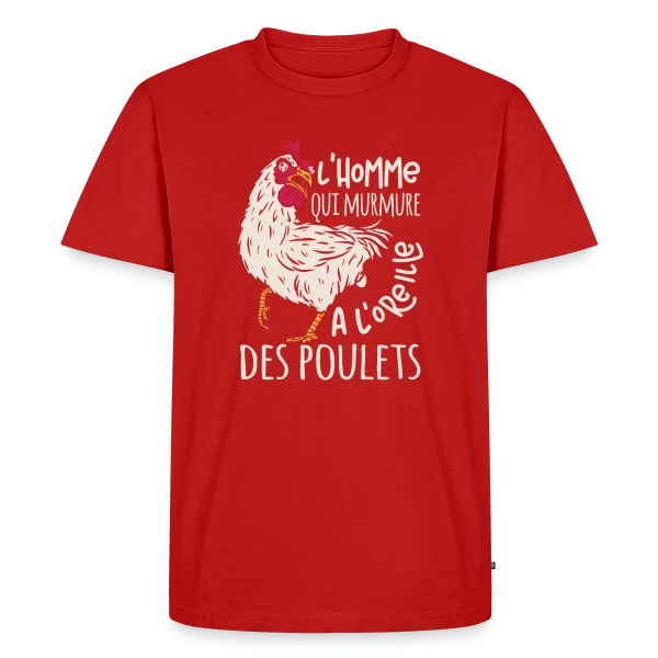 Maquette de T-shirt Premium bio Homme « L'Homme Qui Murmure à l'Oreille des Poulets » à personnaliser