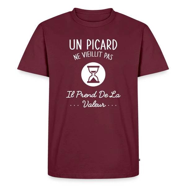 Maquette de T-shirt Premium bio Homme « Un Picard ne Vieillit Pas, il Prend de la Valeur - Humour Régional » à personnaliser