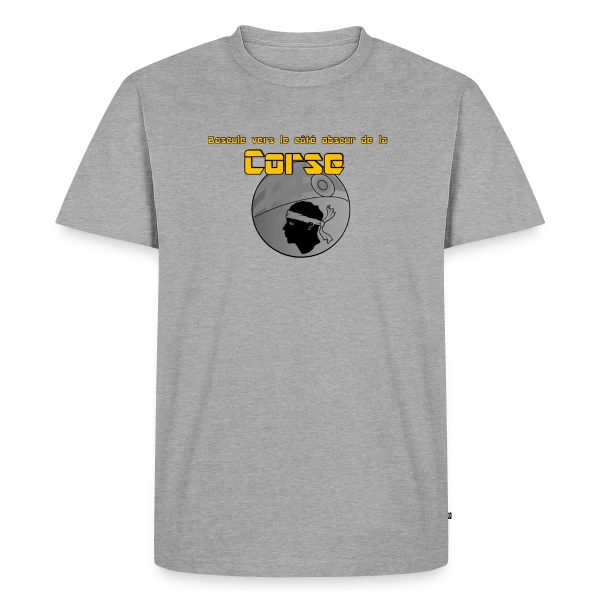 Maquette de T-shirt Premium bio Homme « Corse : Le Côté Obscur de l'Île de Beauté » à personnaliser