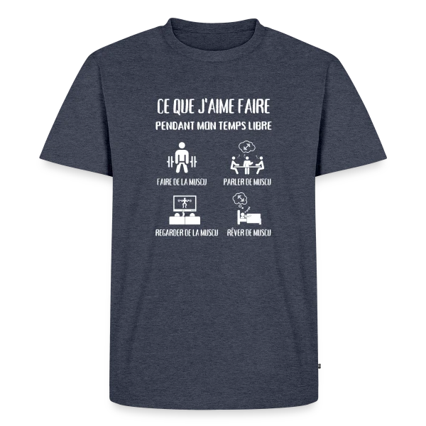 Maquette de T-shirt Premium bio Homme « Temps Libre = Muscu ! Humour Musculation Homme » à personnaliser