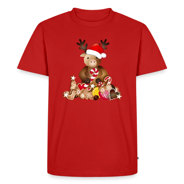 Maquette de T-shirt Premium bio Homme « Renne de Noël Adorable avec Chapeau » à personnaliser
