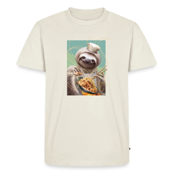 Maquette de T-shirt Premium bio Homme « Le Paresseux Chef des Nouilles Sautées » à personnaliser