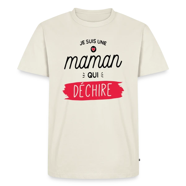 Maquette de T-shirt Premium bio Homme « Maman au Top et Qui Déchire ! » à personnaliser