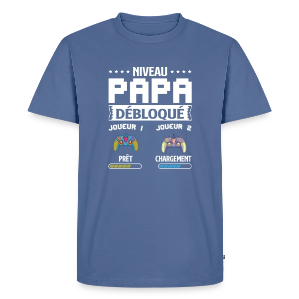 Maquette de T-shirt Premium bio Homme « Niveau Papa Débloqué : T-shirt Futur Papa Gamer » à personnaliser