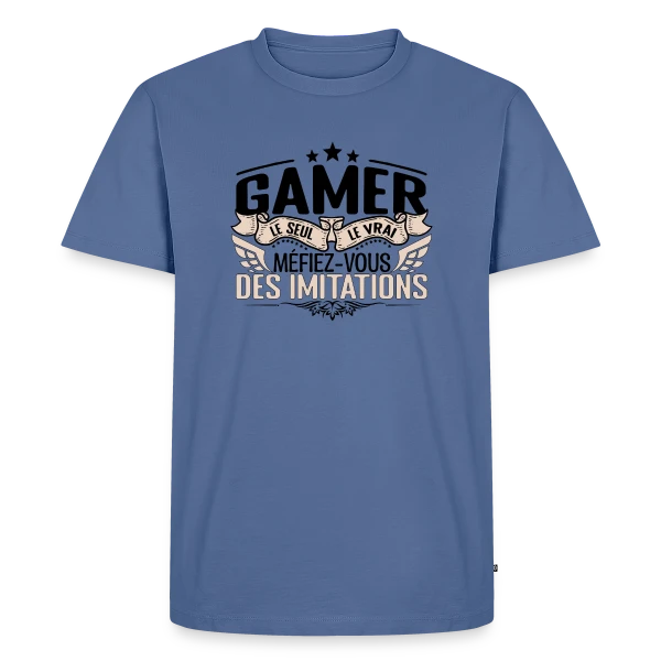 Maquette de T-shirt Premium bio Homme « 'Le Vrai Gamer' : Méfiez-vous des Imitations » à personnaliser