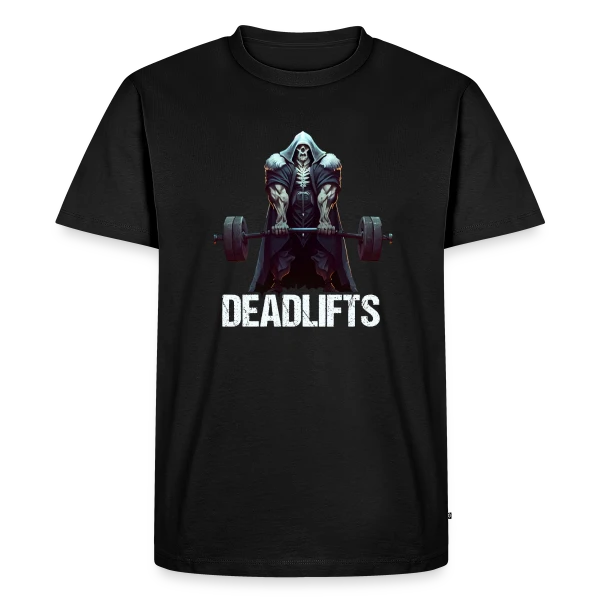 Maquette de T-shirt Premium bio Homme « Squelette Ironique : Deadlifts et Fitness Rigolo » à personnaliser