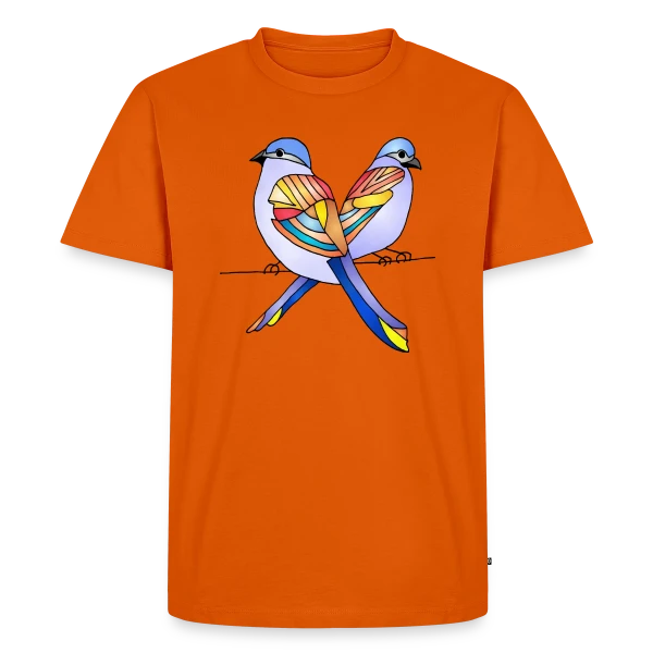 Maquette de T-shirt Premium bio Homme « Duo Oiseaux Colorés » à personnaliser