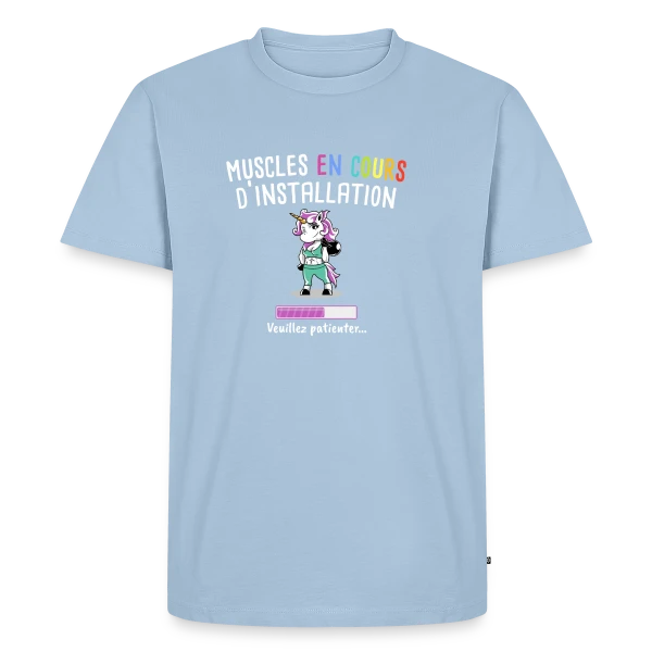 Maquette de T-shirt Premium bio Homme « Muscles en Cours : Licorne Fitness Humour - Cadeau Sportif » à personnaliser
