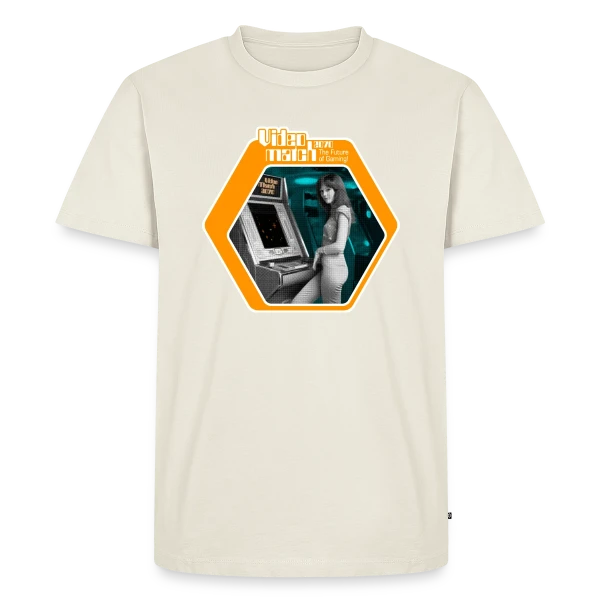 Maquette de T-shirt Premium bio Homme « VideoMatch 2070: Arcade Rétro Futur 70s » à personnaliser