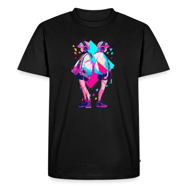 Maquette de T-shirt Premium bio Homme « Jumelles Anime Rétro Neon 80s/90s Musique » à personnaliser