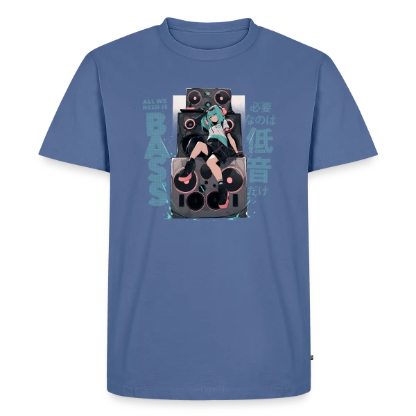 Maquette de T-shirt Premium bio Homme « Fille Anime et Tour de Haut-parleurs - All We Need is Bass » à personnaliser