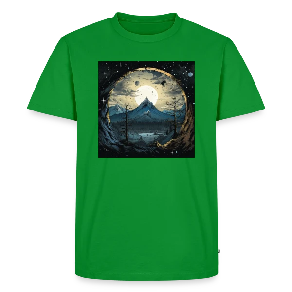 Maquette de T-shirt Premium bio Homme « Paysage Montagneux sous la Lune » à personnaliser