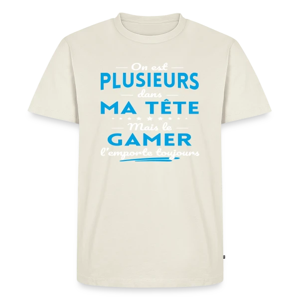 Maquette de T-shirt Premium bio Homme « Humour Gamer: 'On est plusieurs dans ma tête...' » à personnaliser