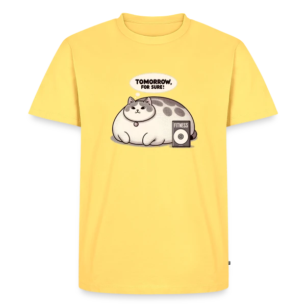 Maquette de T-shirt Premium bio Homme « Le Chat Paresseux du Fitness : Demain, c'est sûr ! » à personnaliser