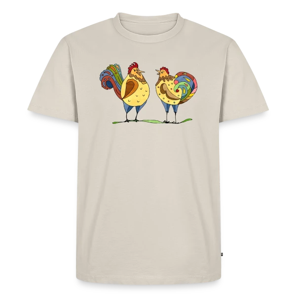 Maquette de T-shirt Premium bio Homme « Duo Coq & Poule Champêtre » à personnaliser