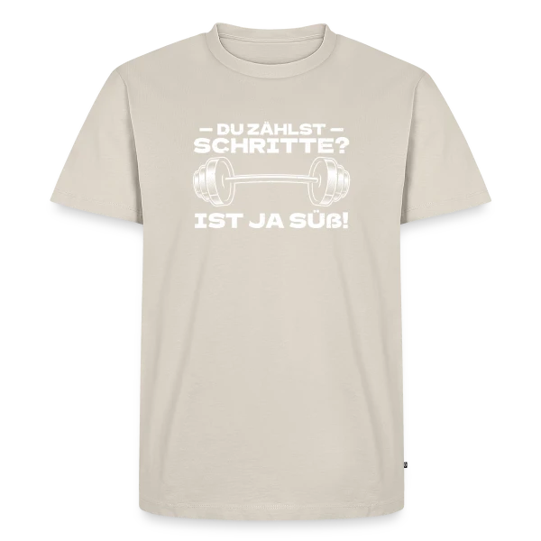 Maquette de T-shirt Premium bio Homme « Des Pas ? Bodybuilding Humour - Gym & Kraftsport » à personnaliser