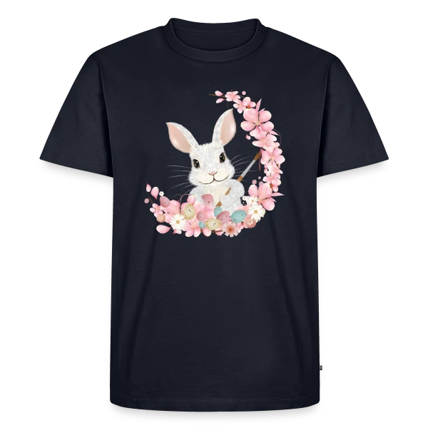 Maquette de T-shirt Premium bio Homme « Lapin de Pâques Enchanteur: Fleurs et Pinceau Pastel » à personnaliser