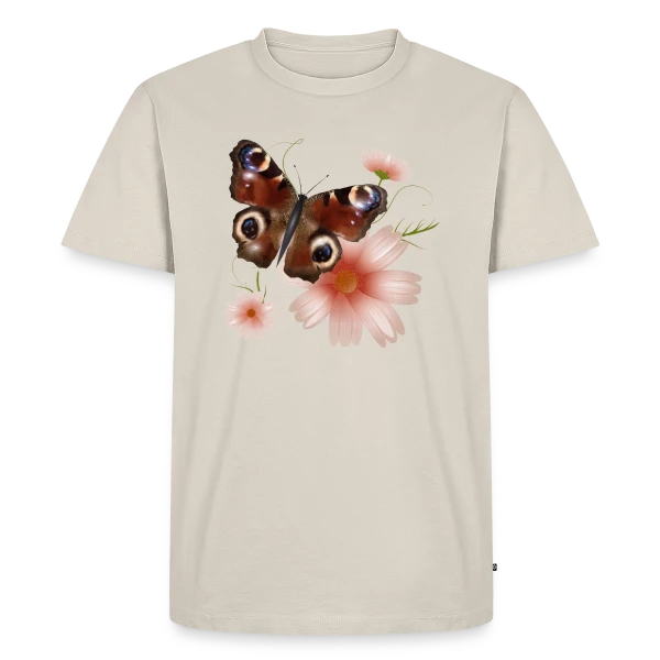 Maquette de T-shirt Premium bio Homme « Papillon Paon-du-Jour Éclatant de Roses » à personnaliser