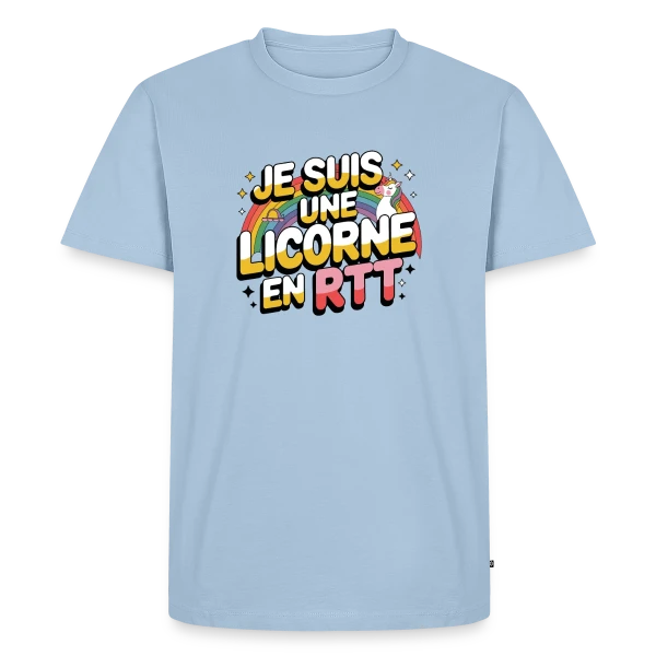 Maquette de T-shirt Premium bio Homme « Licorne en RTT Arc-en-ciel » à personnaliser