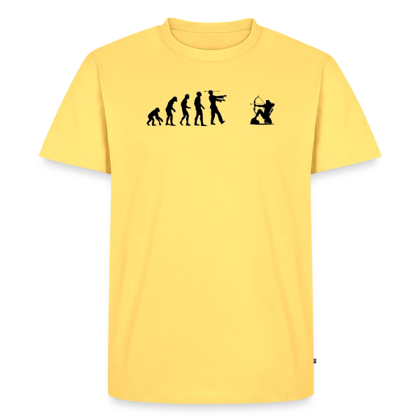 Maquette de T-shirt Premium bio Homme « Évolution Humaine : Zombie vs Archer » à personnaliser